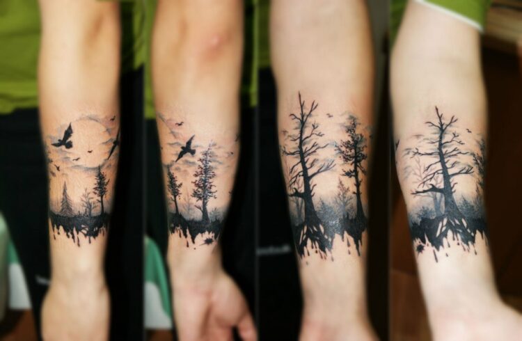 Черная тату вокруг предплечья с деревьями