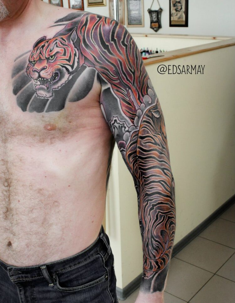 Тату рукав с тигром в японском стиле