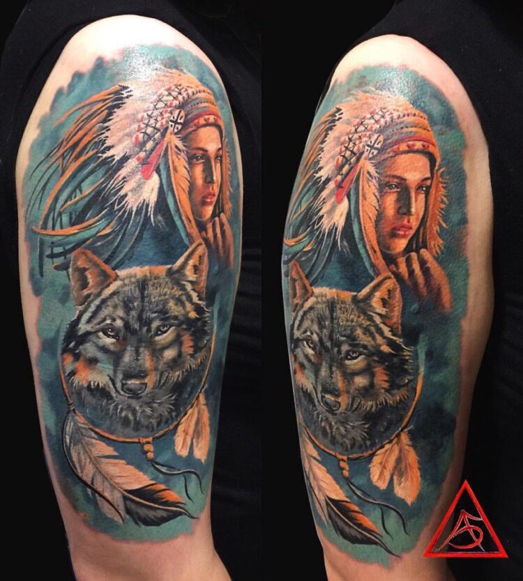 Девушка-индеец, волк, ловец снов