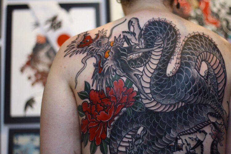 Серый дракон и красная хризантема на спине