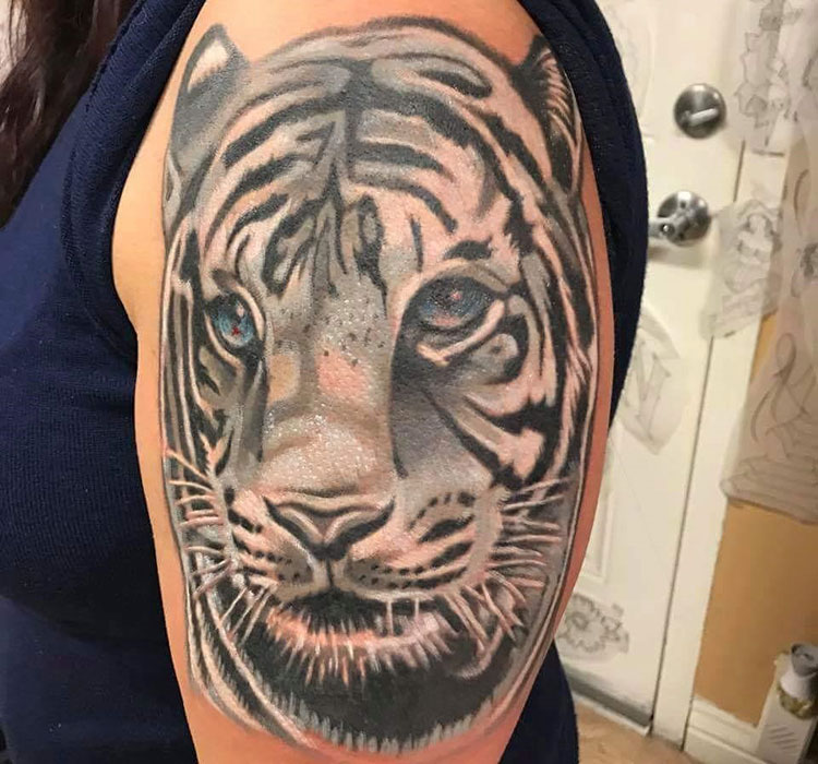 Белый тигр, женская тату на плече