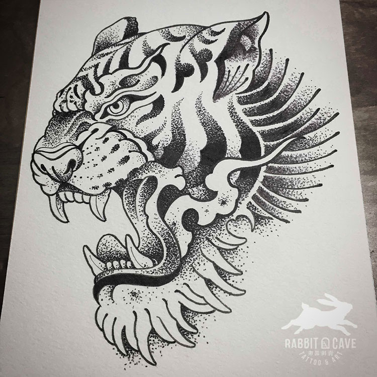 Эскиз тату тигр с открытой пастью
