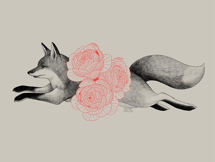 Эскиз лисы с цветами