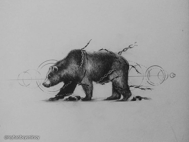 Эскиз медведя с цепями и оковами