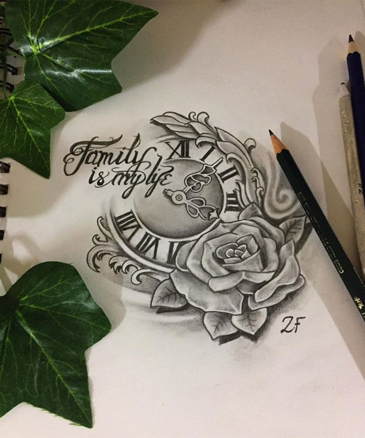 Эскиз татуировки часов с розой и надписью