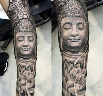 Будда с цветком лотоса, мужская тату на предплечье