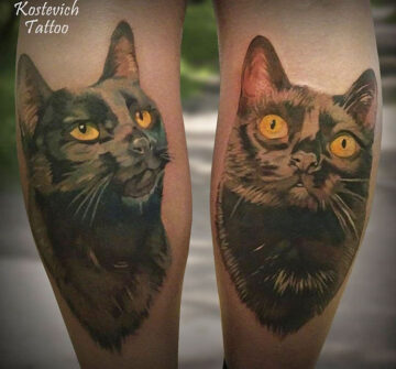 Кот и кошка, две тату на голени у девушки