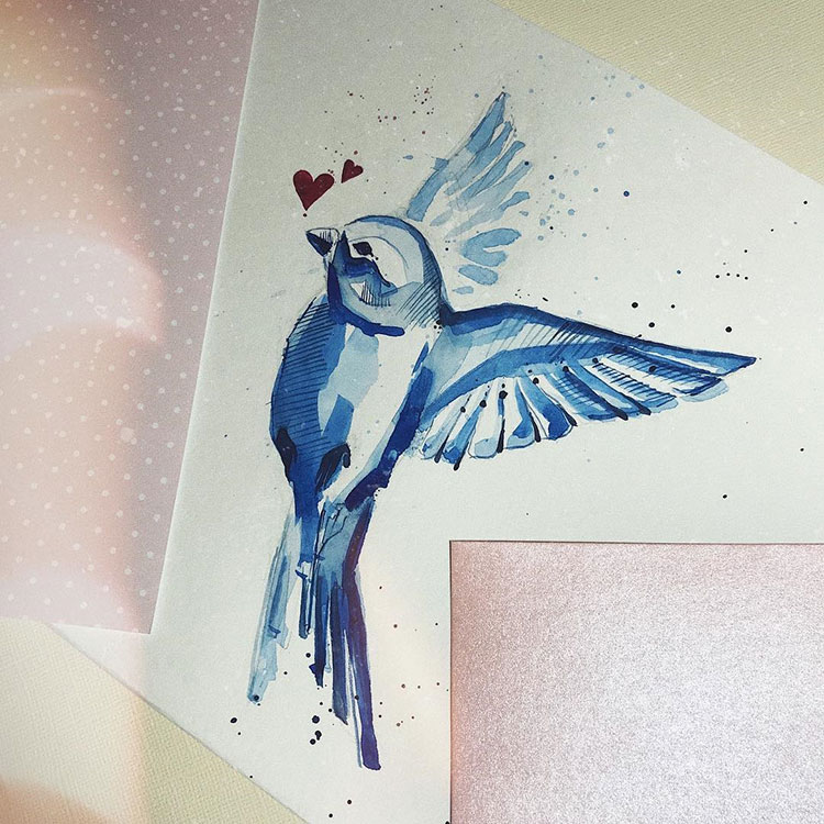 Синяя птичка в стиле акварель