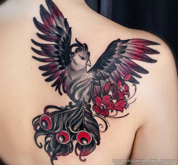 Черно-красный феникс и лилии, тату на спине у девушки