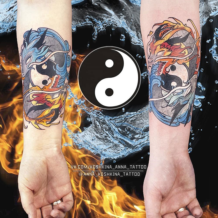 Парная тату с драконом и символом Инь и Ян на предплечье