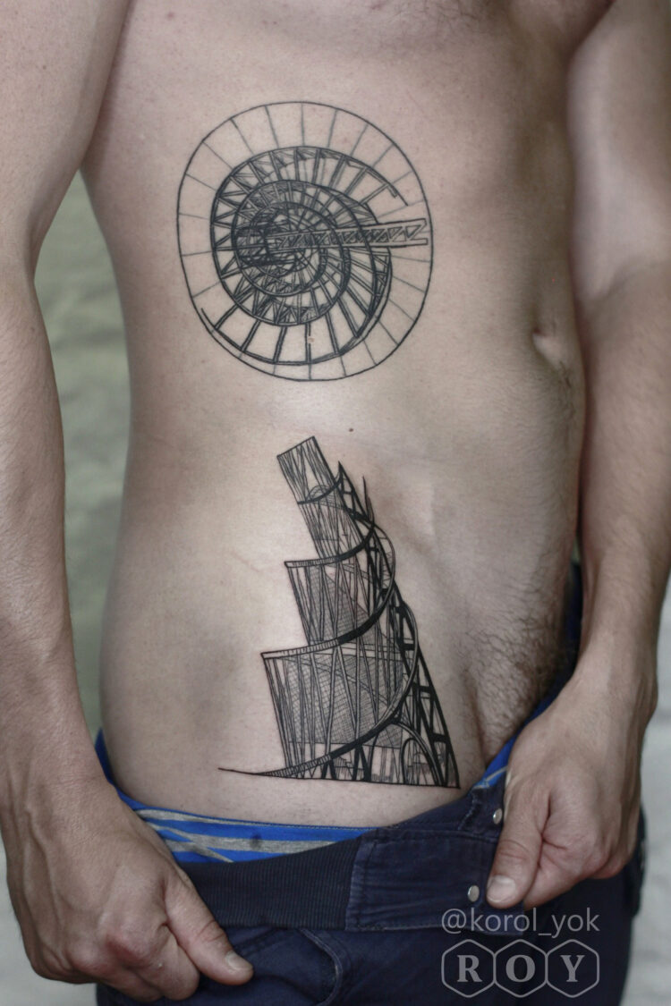 План и фронтальный вид башни Татлина, мужская тату на боку