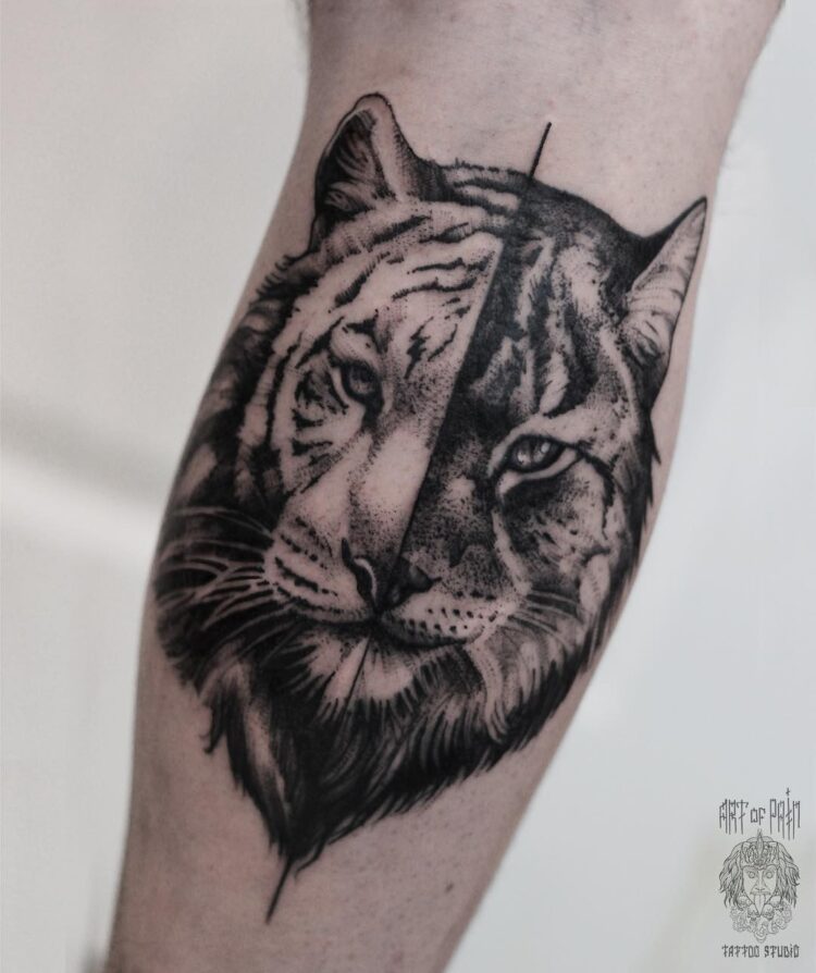 Тигр-рысь, мужская тату на голени