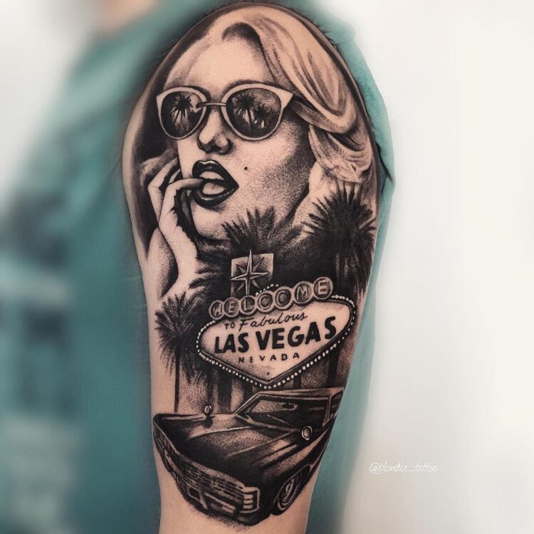 Лас-Вегас, портрет девушки и авто, тату на плече