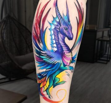Разноцветный дракон, тату на ноге