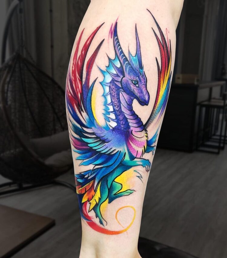 Разноцветный дракон, тату на ноге