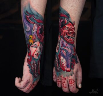 Волк и маска Хання, японская тату на руке