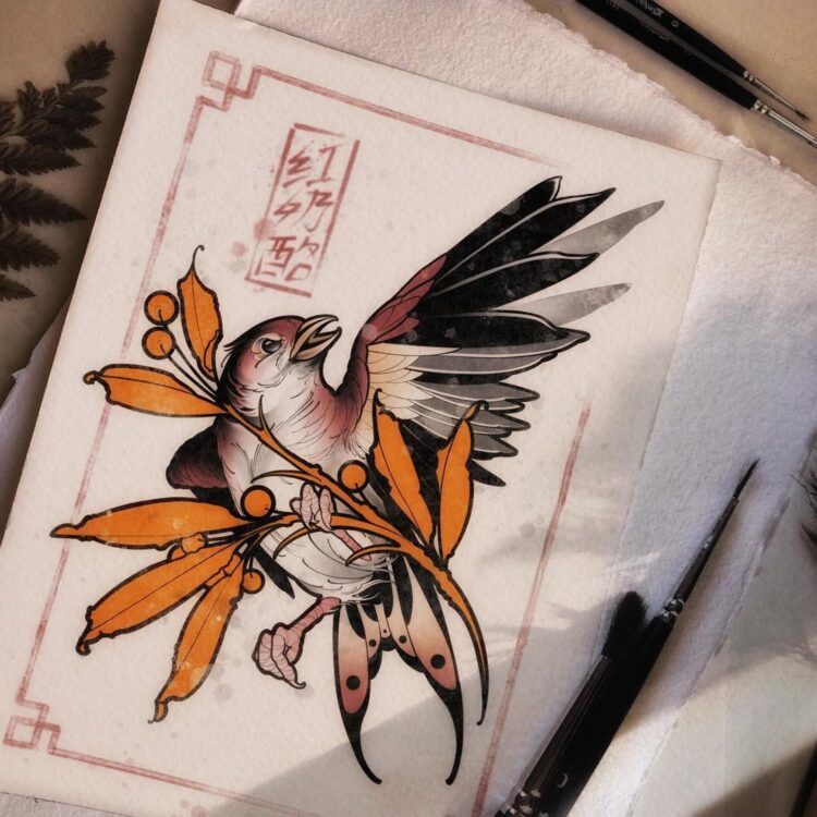 Эскиз тату веточка, птицы в стиле нео-традишинл