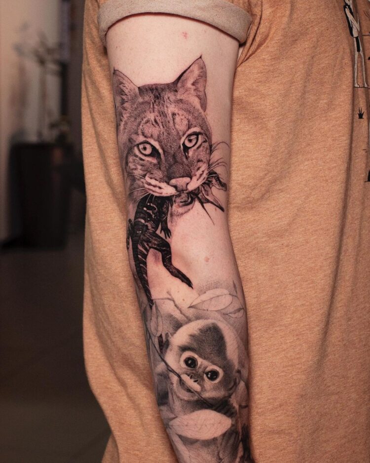 Тату блэк энд грей (black&grey), разные животные на руке