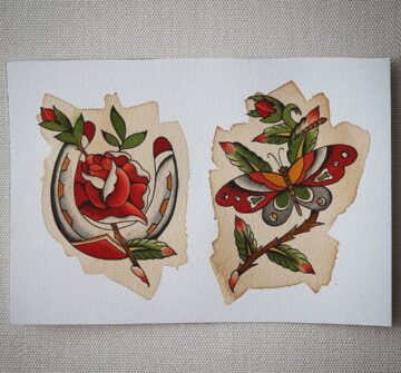 Два эскиза: Подкова с розой и бабочка на ветке