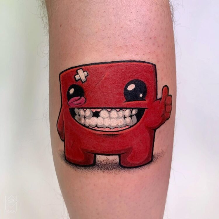 Super Meat Boy, тату на ноге у парня