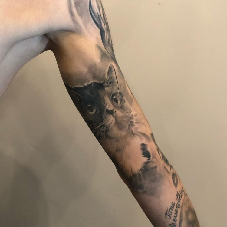 Тату блэк энд грей (black&grey), кошка, реализм  на руке у парня
