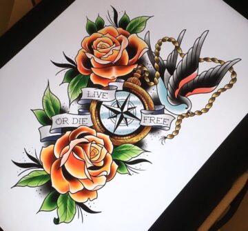 Розы, ласточка, компас и надпись