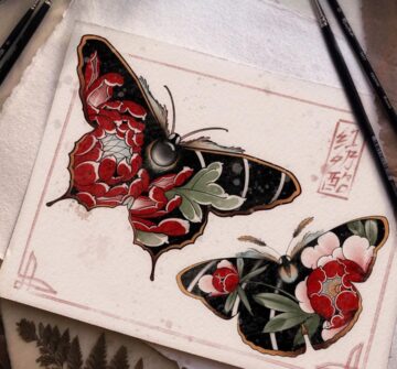 Эскиз тату бабочки, пион в стиле нео-традишинл