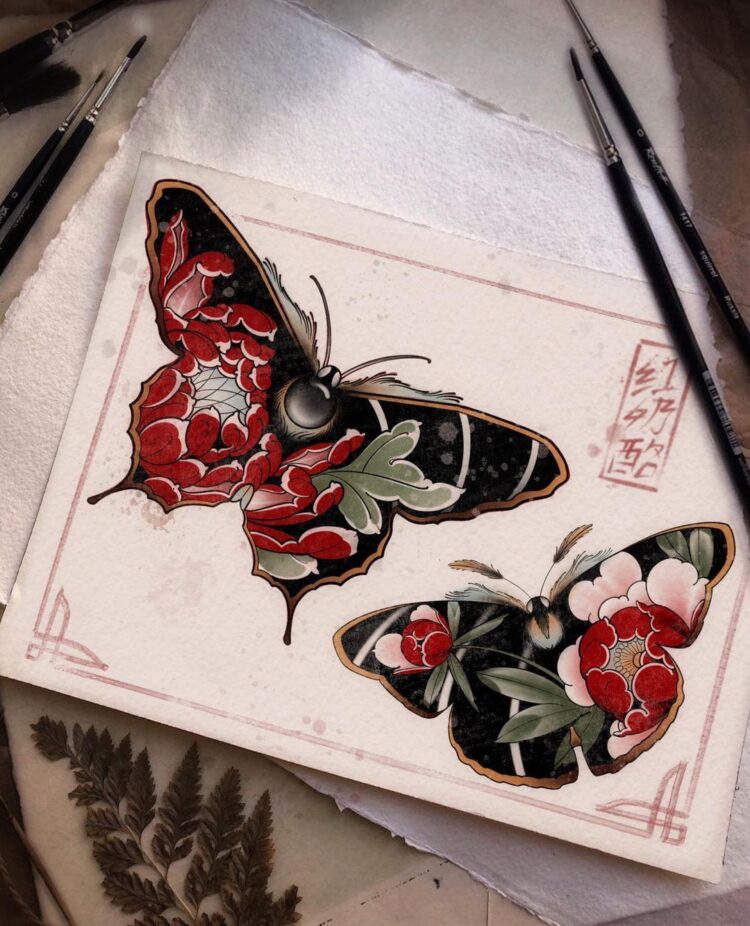 Эскиз тату бабочки, пион в стиле нео-традишинл