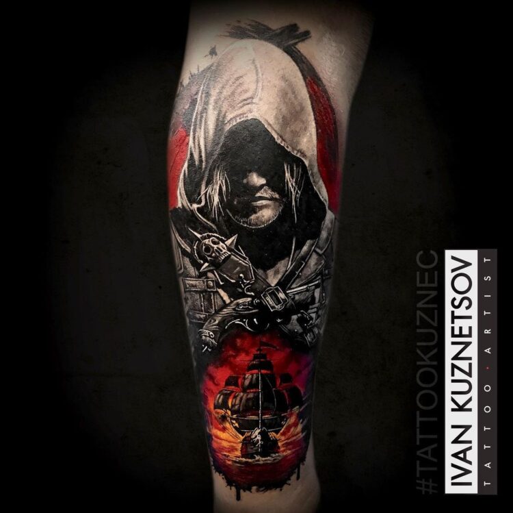 Тату Assassin's Creed в стиле блэк энд грей на предплечье у парня